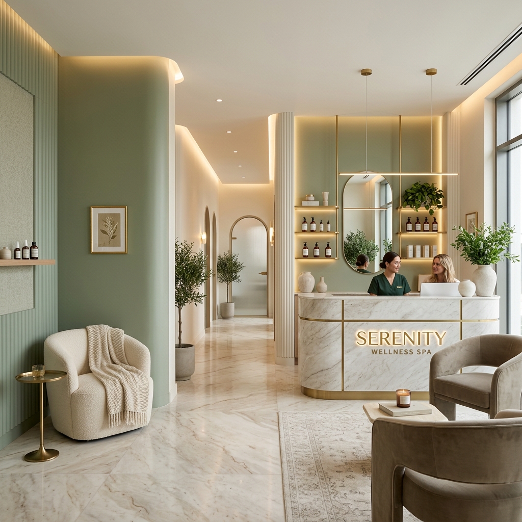 Serene wellness center reception desk with green and gold decor